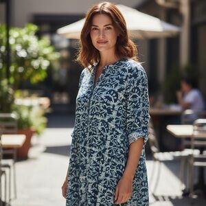 UTSA Blue Floral Cotton Kurta Dress | Size L | Button Front